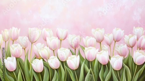 Obraz na płótnie Gentle Tulips in a Soft Pink Haze: A delicate arrangement of soft pink tulips stands out in a peaceful and pretty atmosphere. With the background slightly blurred. w salonie