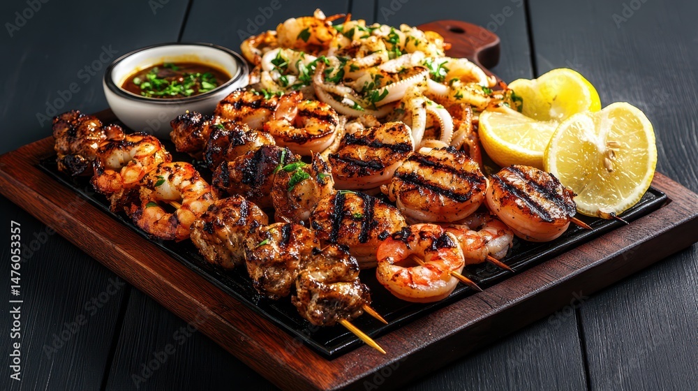 Grilled Seafood Platter: A mouthwatering arrangement of perfectly grilled seafood, featuring succulent shrimp, tender calamari, and other delicacies.