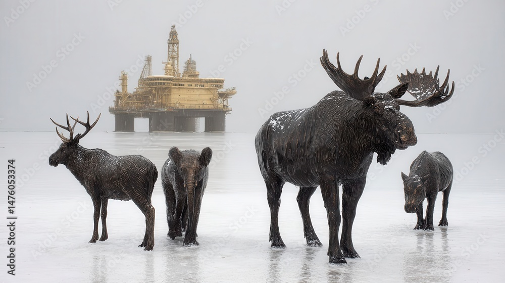 Naklejka premium Metal wildlife figures near an oil rig in wintry weather.