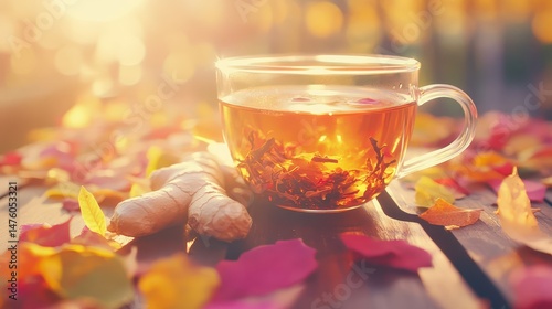 Obraz na płótnie Warm Tea and Autumn Leaves: A steaming mug of warm tea, accompanied by a piece of ginger, sits amidst a beautiful display of colorful autumn leaves on a wooden table. w salonie
