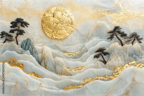 Elegant, detailed landscape scene, featuring stylized mountains, a large golden sun, and pine trees,  on a light background resembling a stone or marble