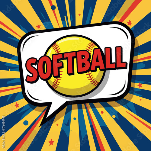 Softball pop art comic bubble, team spirit burst background