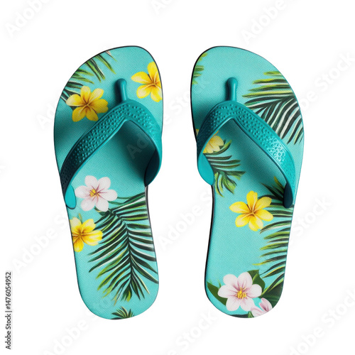 Vibrant Summer Flip Flops with Tropical Floral Design and Green Palm Leaves for Beach and Vacation Relaxation