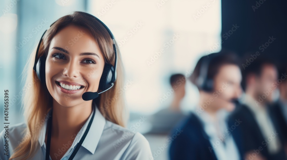 A smiling woman wearing a headset, standing in a modern office with a team of call center agents in the background. A smiling woman wearing a headset, standing in a modern office with a team of call center agents in the background.