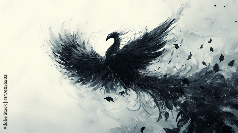 Obraz premium An ancient black phoenix rising proudly, its feathery plumes flowing in the air, surrounded by nothing but clean, endless white. [Cursed Menagerie] | Voidplume Rise | null feather. Illustration