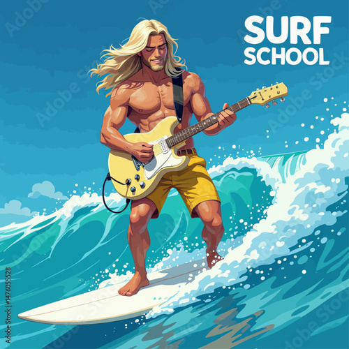 Surfer dude plays guitar on wave, carefree summer vibes