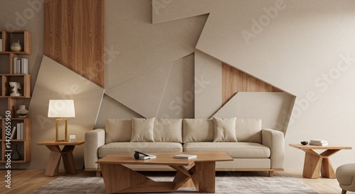 Modern Living Room Interior Design with Brown Leather Chair, Beige Sofa and Wooden Wall Panels - 3D Illustration	