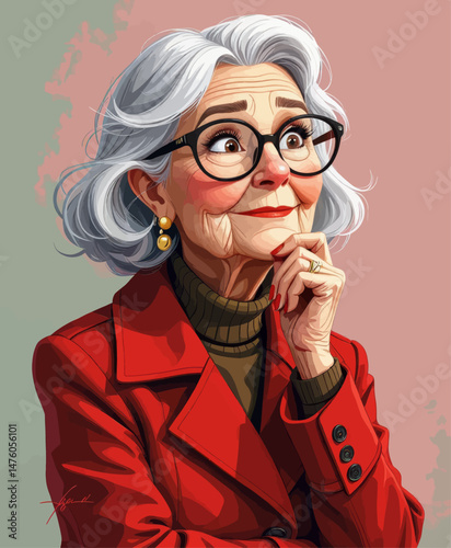 Thoughtful senior woman, red coat, glasses, whimsical expression