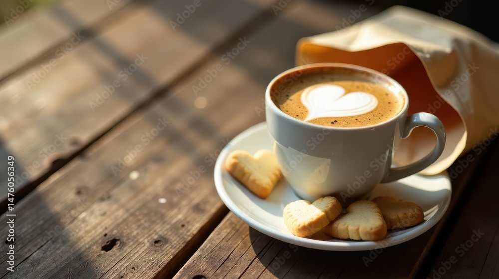 Obraz premium Aromatic coffee with heart-shaped latte art, served with delicate heart-shaped cookies on rustic wooden surface, bathed in warm sunlight.