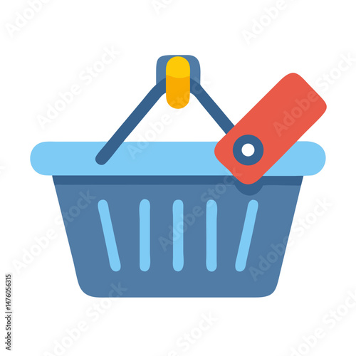 Flat vector illustration of a blue shopping basket with tag