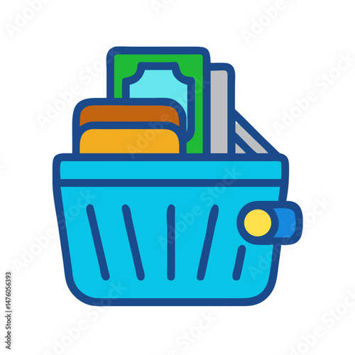 Blue wallet filled with money, cards, and payment options