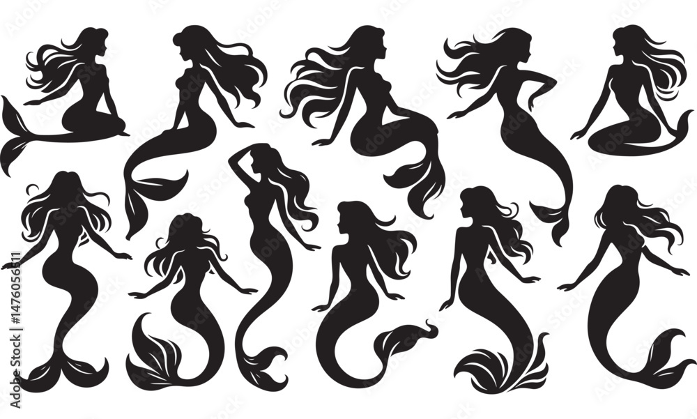Obraz premium Mermaid Silhouettes Vector Set – Elegant Mermaid Poses for Fantasy Designs, Ocean-Themed Artwork, Tattoos, Marine Illustrations, and Aquatic Concepts.