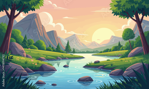 Tranquil river landscape, sunrise over mountains, serene nature
