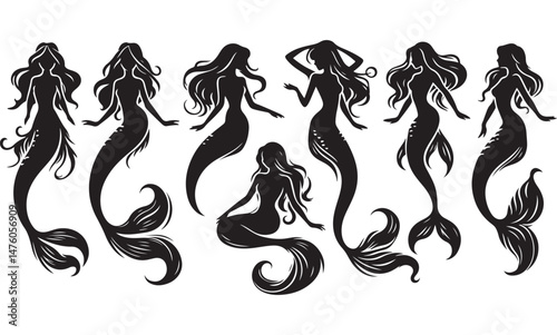 Mermaid Silhouettes Vector Set – Elegant Mermaid Poses for Fantasy Designs, Ocean-Themed Artwork, Tattoos, Marine Illustrations, and Aquatic Concepts.