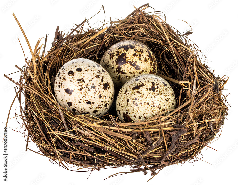 Three Speckled Bird Eggs in Rustic Nest on Transparent Background Three Speckled Bird Eggs in Rustic Nest on Transparent Background