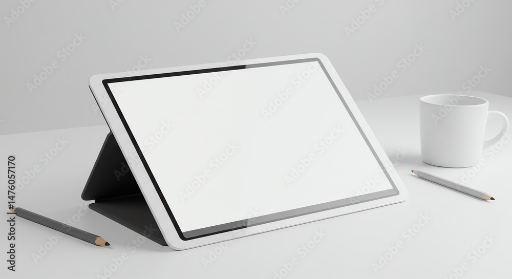 Tablet with White Screen Mockup and Pencil with Mug Tablet with White Screen Mockup and Pencil with Mug