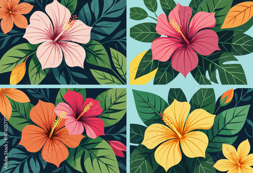 Tropical hibiscus flowers pattern, colorful floral design, vibrant summer vibes