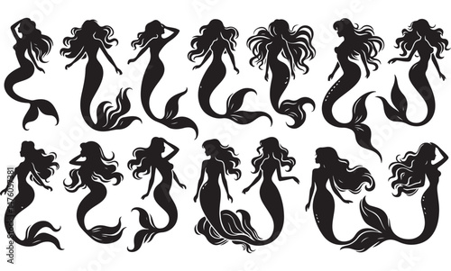 Mermaid Silhouettes Vector Set – Elegant Mermaid Poses for Fantasy Designs, Ocean-Themed Artwork, Tattoos, Marine Illustrations, and Aquatic Concepts.