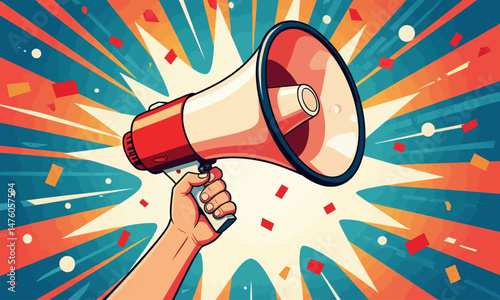 Vibrant Celebration Handheld Megaphone Bursting Confetti Sunrise