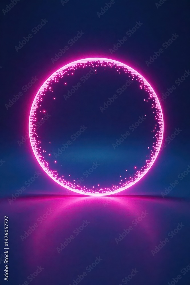 Obraz premium A radiant pink circular light with vibrant particle effects, set against a deep blue backdrop, creates a mesmerizing and futuristic visual.
