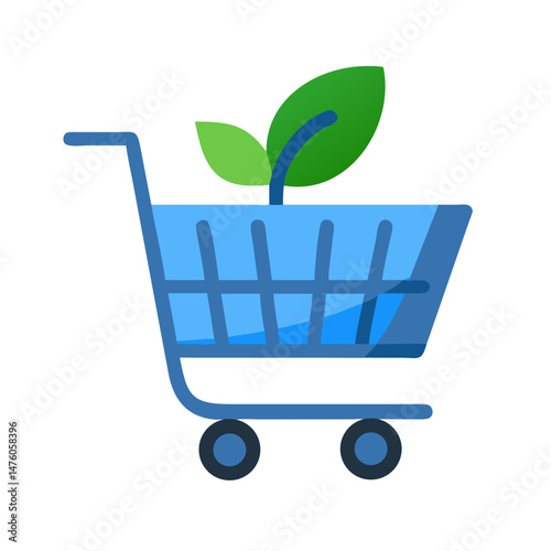 Blue shopping cart with green leaves showing sustainable lifestyle