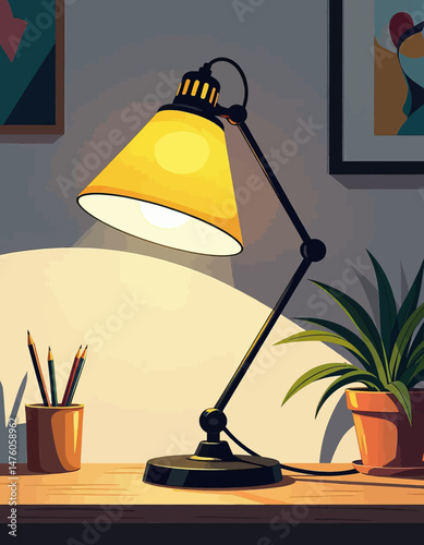 Warm desk lamp, pencils, plant, creative workspace glow
