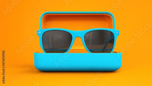 3D cartoon sunglasses case mockup with a clear space available for branding and logo design.