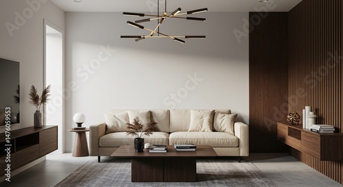 Modern Living Room Interior Design with Brown Leather Chair, Beige Sofa and Wooden Wall Panels