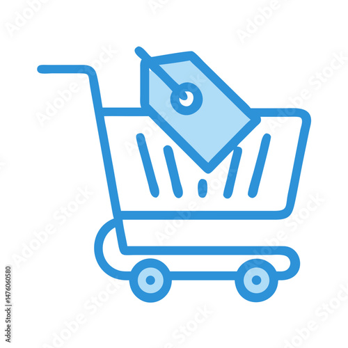 Blue shopping cart icon with price tag on black