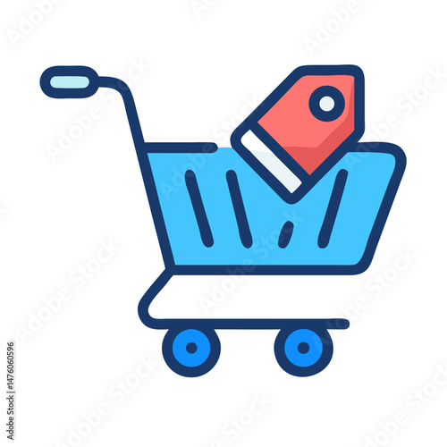 Blue shopping cart with red tag against black background