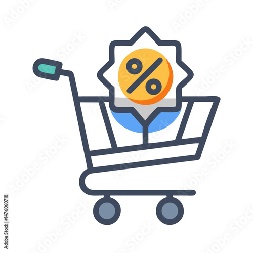 Shopping cart icon with percentage discount in flat style