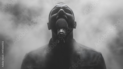 A man singing into a microphone surrounded by a foggy background