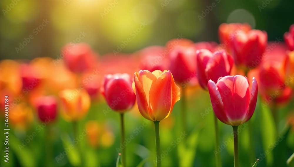 Fototapeta premium Vibrant tulips blooming in a lush spring garden, bathed in sunlight , horticulture, texture