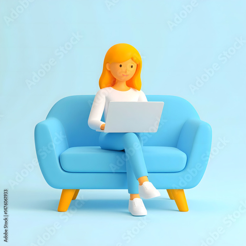 Female character sitting on a sofa and working on a laptop with thinking pose 3D Icon isolated on blue background, work from home concept
