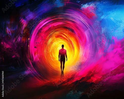 Wallpaper Mural spiritual awakening art A figure steps into a vibrant, swirling tunnel. glowing transformation path, soul energy visual. Torontodigital.ca