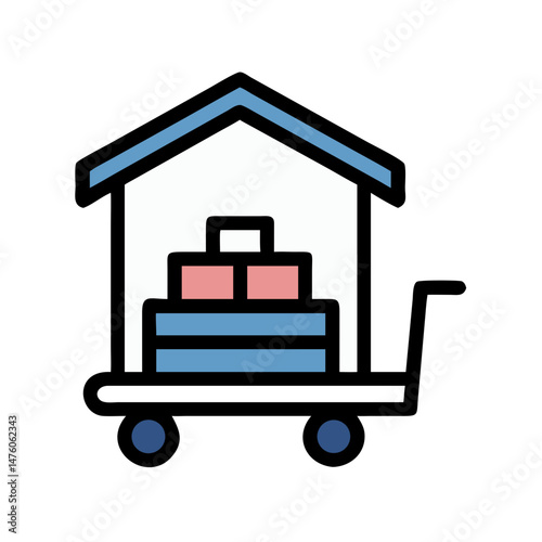 Stylized warehouse icon with goods on a cart