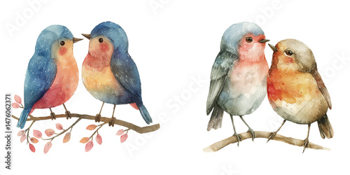 couple birds watercolor vector illustration