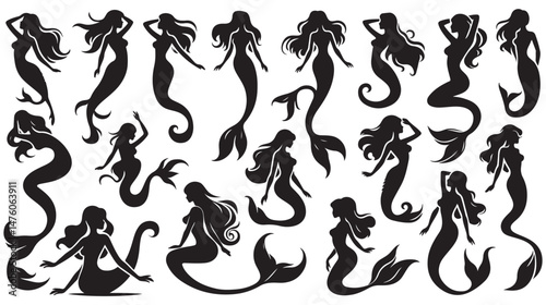 Mermaid Silhouettes Vector Set – Elegant Mermaid Poses for Fantasy Designs, Ocean-Themed Artwork, Tattoos, Marine Illustrations, and Aquatic Concepts.