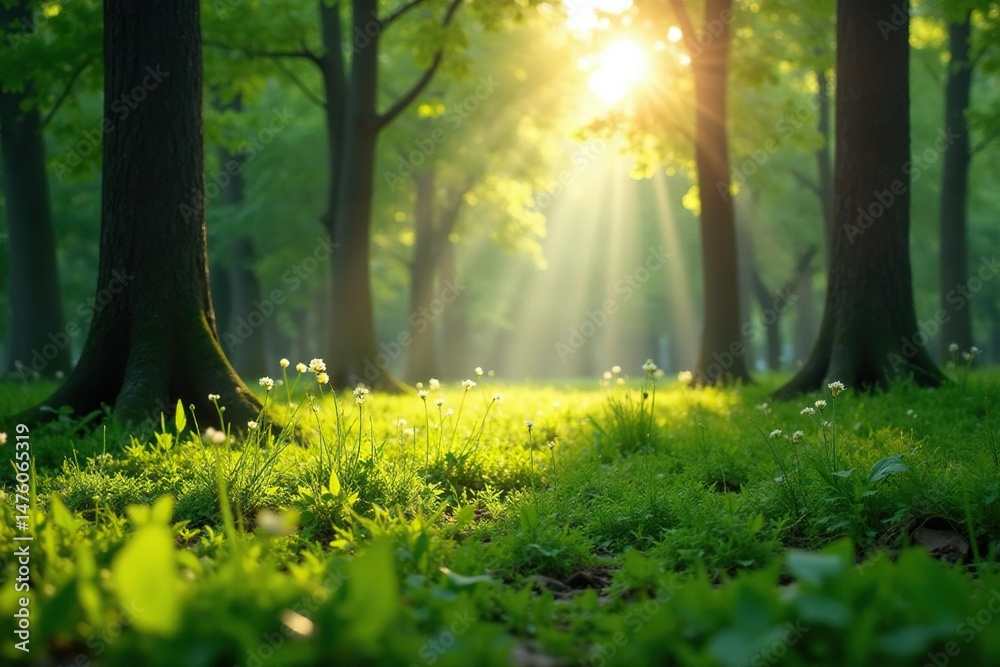 Fototapeta premium Sun-dappled forest floor, vibrant green grass Lush, tranquil scene , green, summer, undergrowth