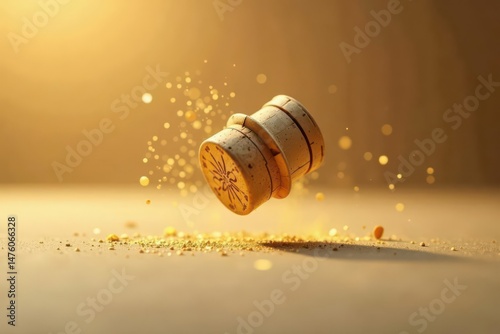 Golden Sparkle A Champagne Cork in Suspended Animation, Releasing Festive Dust
