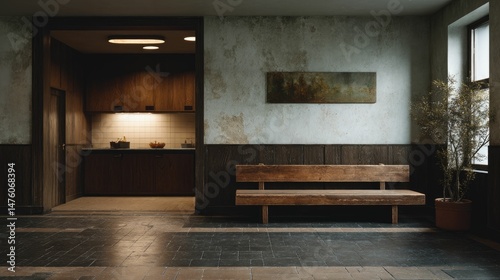 Wallpaper Mural Rustic Waiting Area: Wooden Bench, Dark Kitchen, and Moody Atmosphere Torontodigital.ca