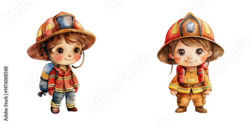cute kid firefighter watercolor vector illustration