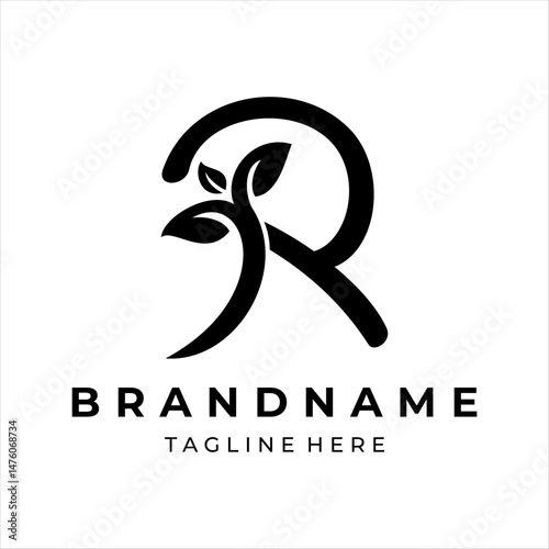 The logo design combines the letter r and a leaf, using black color.