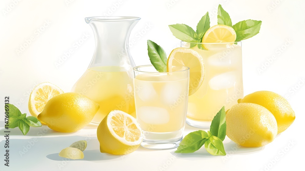 Fototapeta premium Citrus drinks in glass decanter and glasses, with lemons and basil.