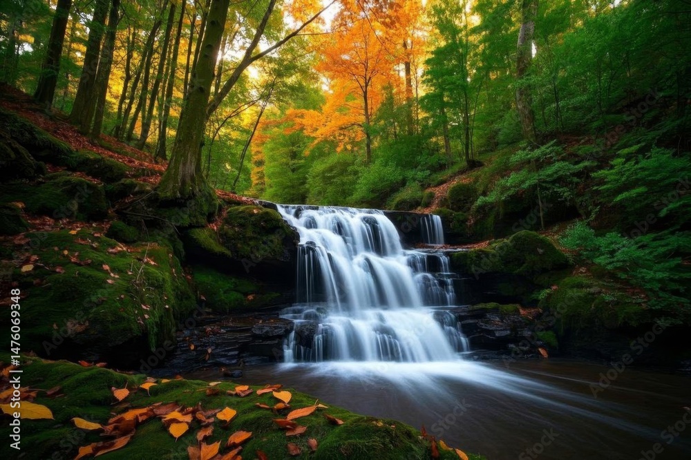 Fototapeta premium a close up of a waterfall in a forest with lots of trees