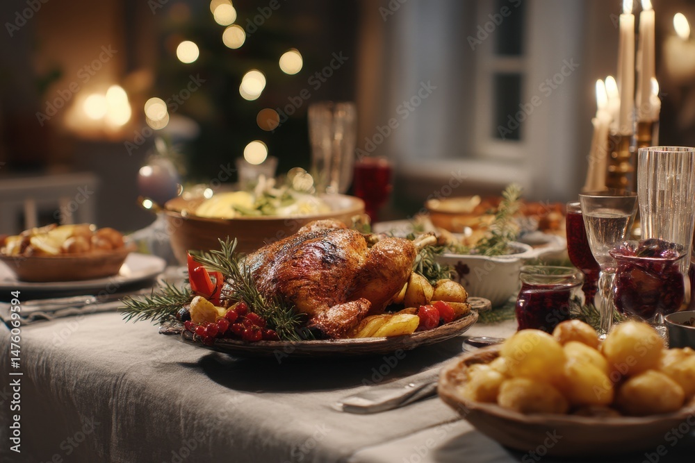 Elegant Christmas banquet table featuring grilled turkey vegetables fruits baked potatoes desserts and drinks Initial shot without any figures present Elegant Christmas banquet table featuring grilled turkey vegetables fruits baked potatoes desserts and drinks Initial shot without any figures present