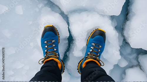 Top view of crop anonymous persons foot in blue mountaineering boot with crampons walking on rough ice surface
