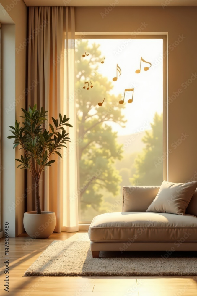 Fototapeta premium Serene Living Room with Sunlight Streaming Through Window and Musical Notes Decor
