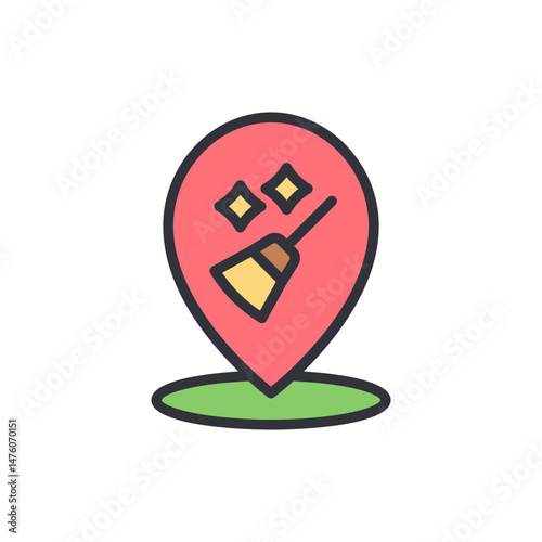 Location Icon Featuring A Broom Symbol For Cleaning Services