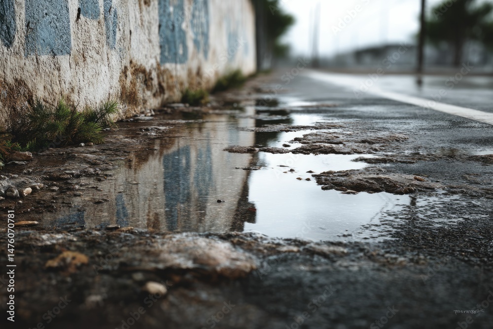 Fototapeta premium Urban Puddle Reflection: Moody Street Scene Photography